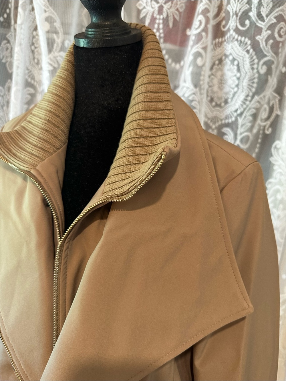 Women’s Tan Trench Coat with Ribbed Collar